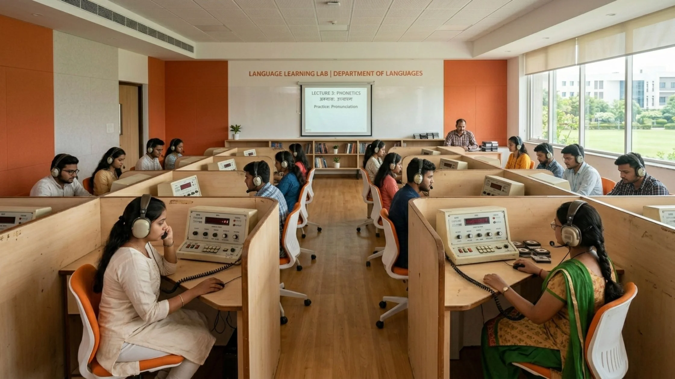 Traditional language lab with audio systems and headsets